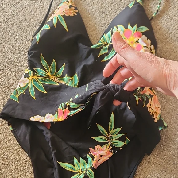 Floral Wrap One-Piece Swimsuit - Black with Tropical Print - Picture 8 of 8